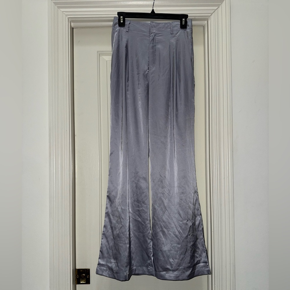 Silver Satin Wide-Leg Pants